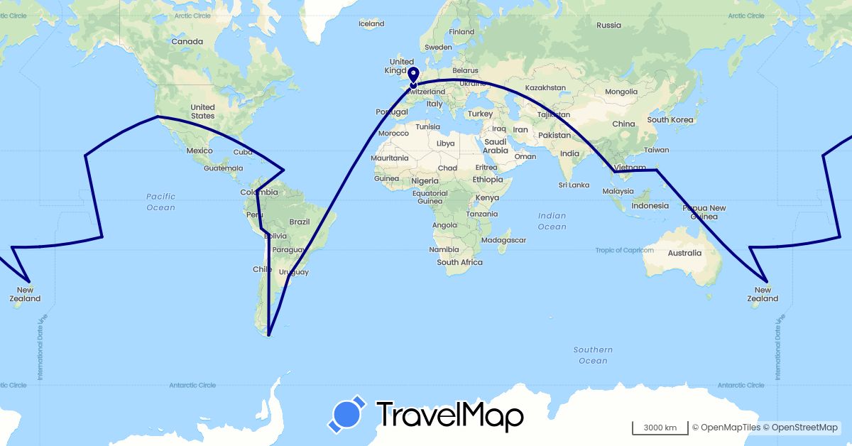 TravelMap itinerary: driving in Argentina, Bolivia, Colombia, France, New Caledonia, New Zealand, Peru, Philippines, Thailand, United States (Asia, Europe, North America, Oceania, South America)